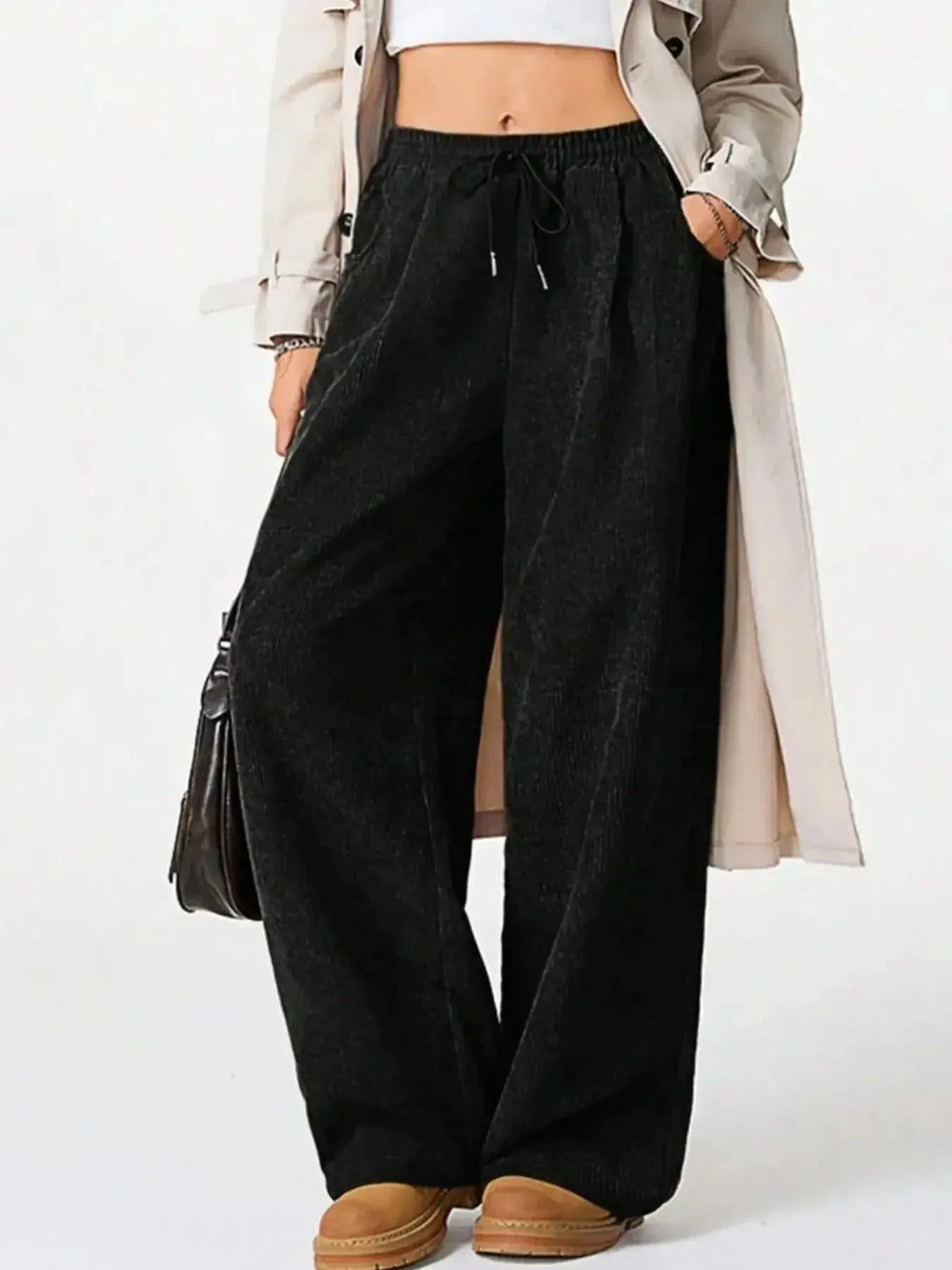 Women’s high-waisted wide-leg drawstring lounge pants by Trendsi, featuring a relaxed fit and comfortable casual style.