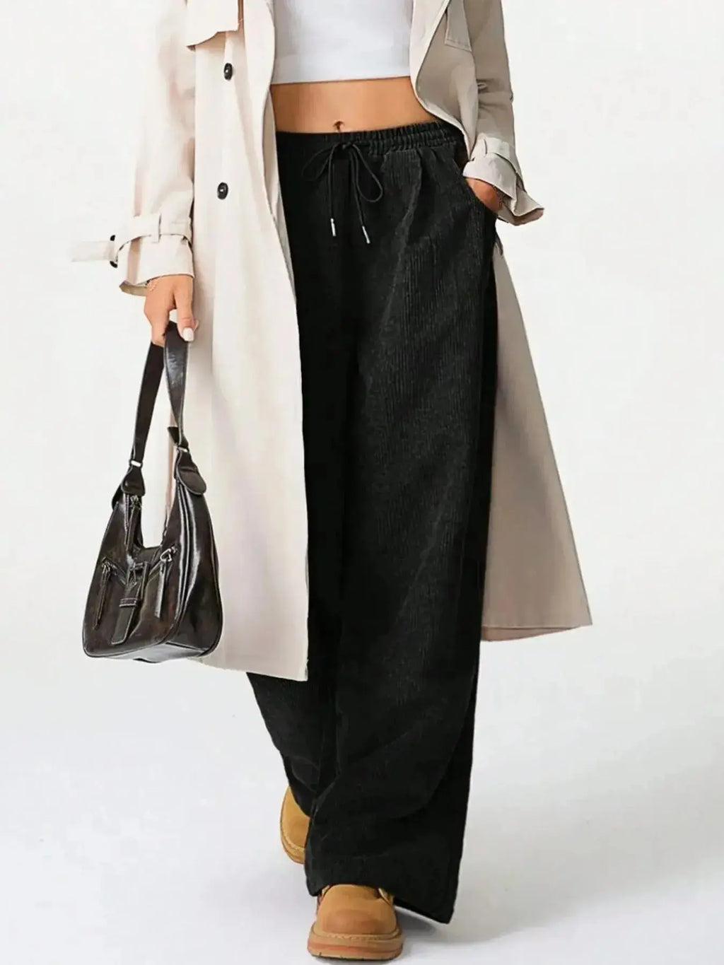 Women’s high-waisted wide-leg drawstring lounge pants by Trendsi, featuring a relaxed fit and comfortable casual style.