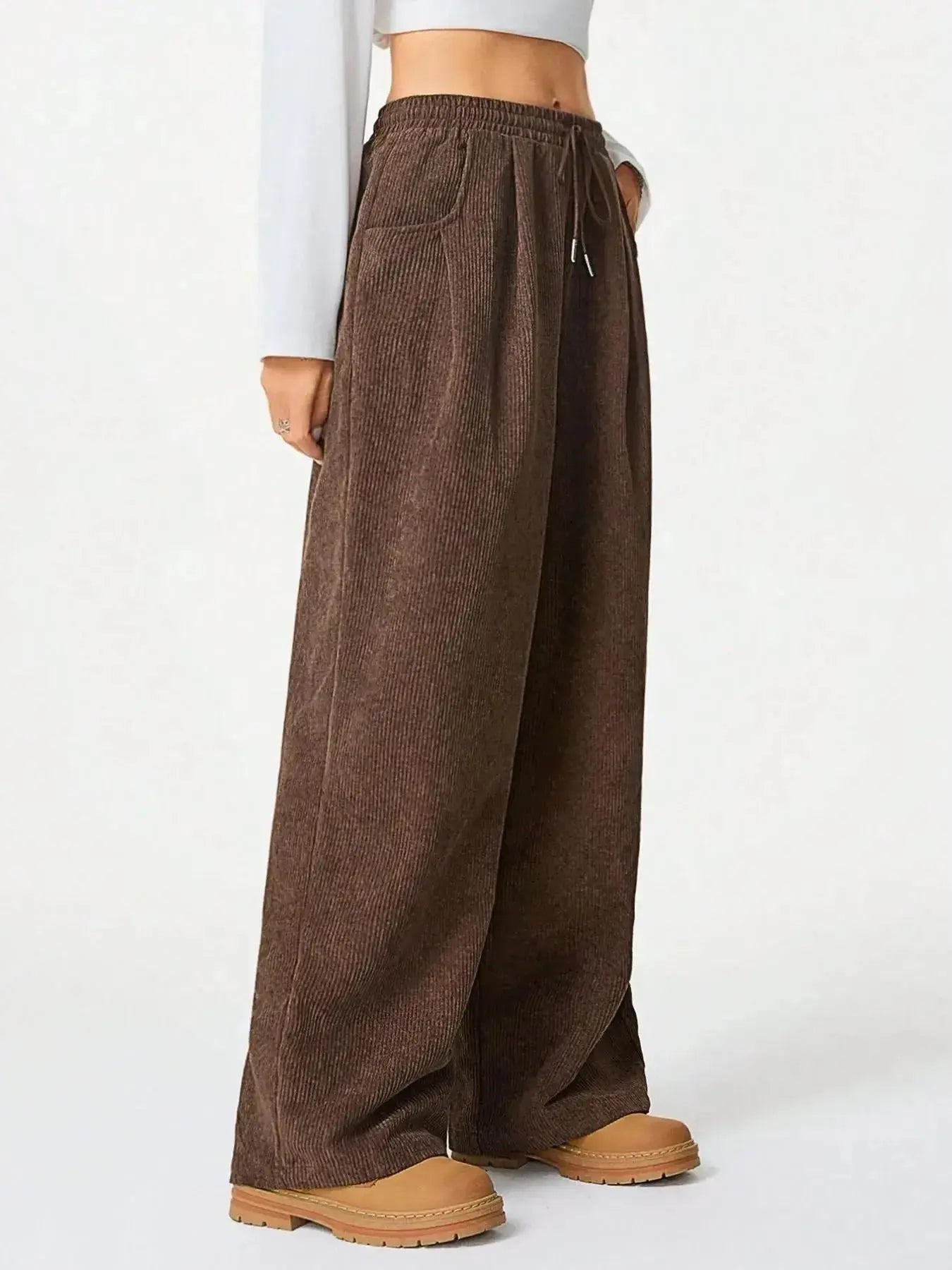 Women’s high-waisted wide-leg lounge pants with drawstring waist, casual and comfortable, by Trendsi.