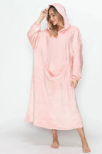 Women’s hooded midi lounge dress with pockets, plush fabric, cozy pajamas by Trendsi, perfect for relaxed, comfortable wear.