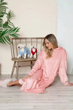 Women’s hooded midi lounge dress with pockets from Plush Fashion Hub, featuring a cozy, relaxed fit and soft fabric.