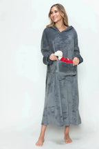 Women’s hooded midi lounge dress with pockets, soft plush fabric, cozy pajamas from Trendsi.