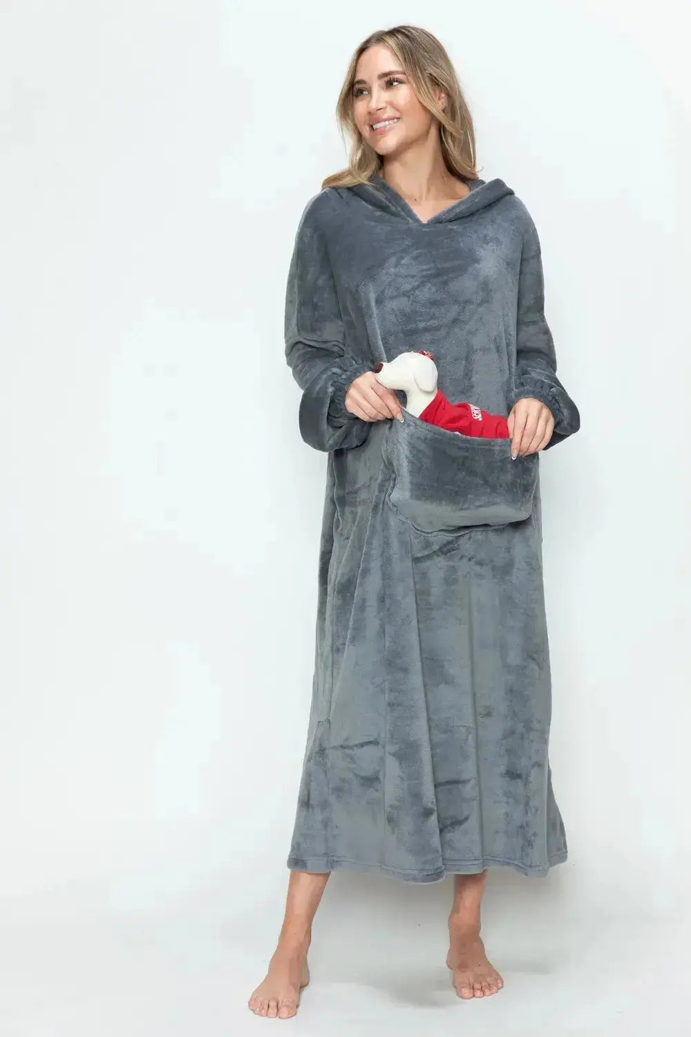 Women’s hooded midi lounge dress with pockets, soft plush fabric, cozy pajamas from Trendsi.