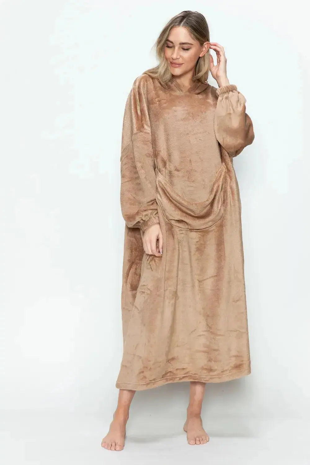 Women’s hooded midi lounge dress with pockets, made by Trendsi, featuring soft plush fabric and casual pajama style.