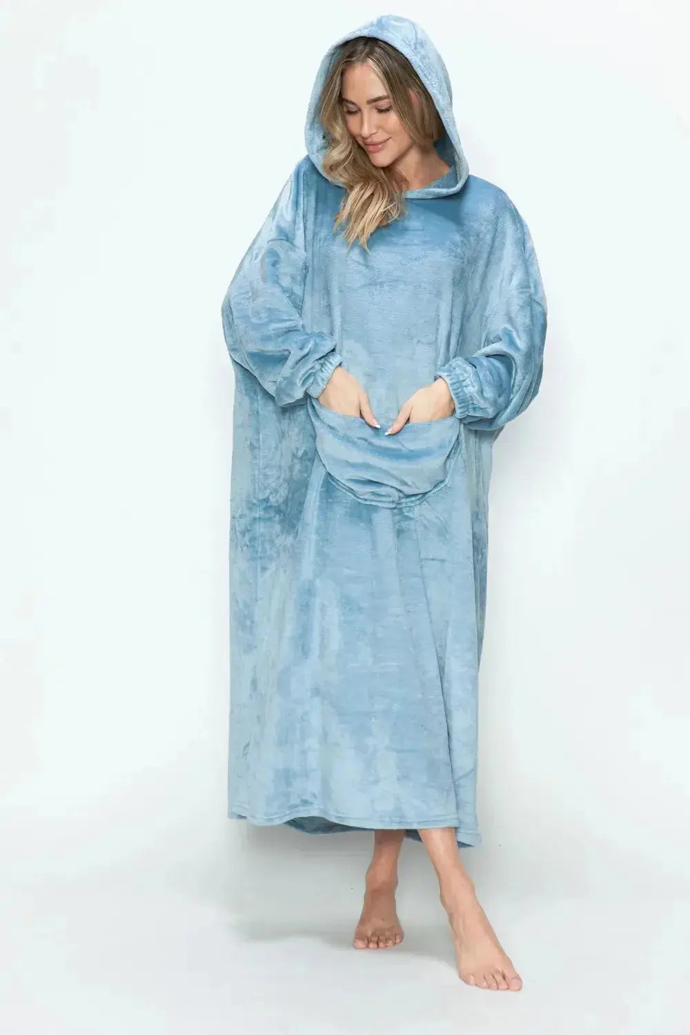 Women’s hooded midi lounge dress with pockets, soft plush fabric, cozy pajamas by Trendsi.