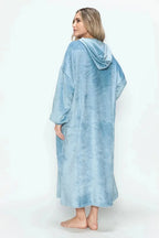 Women’s hooded midi lounge dress with pockets, soft plush fabric, by Trendsi, featuring a cozy hood and relaxed fit.