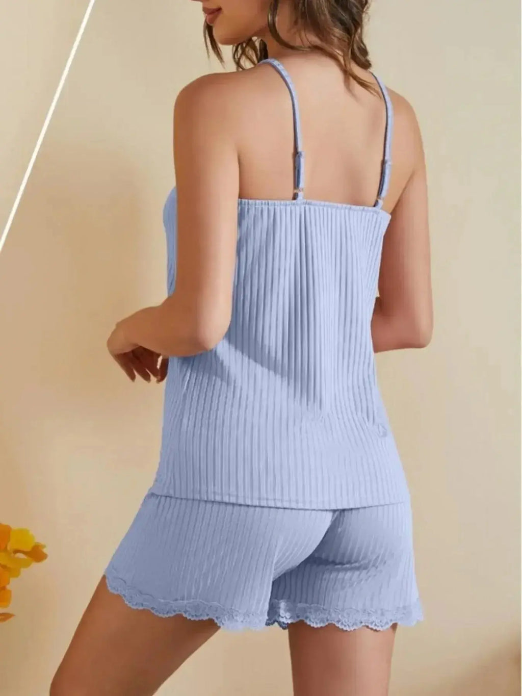Women’s ribbed cami and shorts pajama lounge set with lace trim, comfortable and stylish sleepwear from Trendsi.