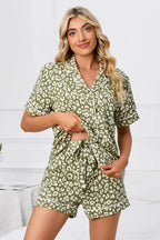 Women’s leopard print pajama lounge set with button-down short sleeves, stylish and comfortable for relaxing nights.