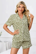 Women’s leopard print button-down short sleeve pajama lounge set by Trendsi, featuring a relaxed fit and stylish pattern.