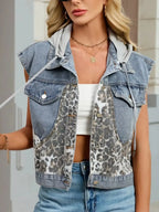 Women's leopard print hooded denim vest featuring button-down front and sleeveless design, trendy jean jacket by Trendsi.