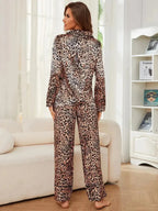 Women's leopard print long sleeve button-up pajama lounge set by Trendsi, featuring a stylish and comfortable design.