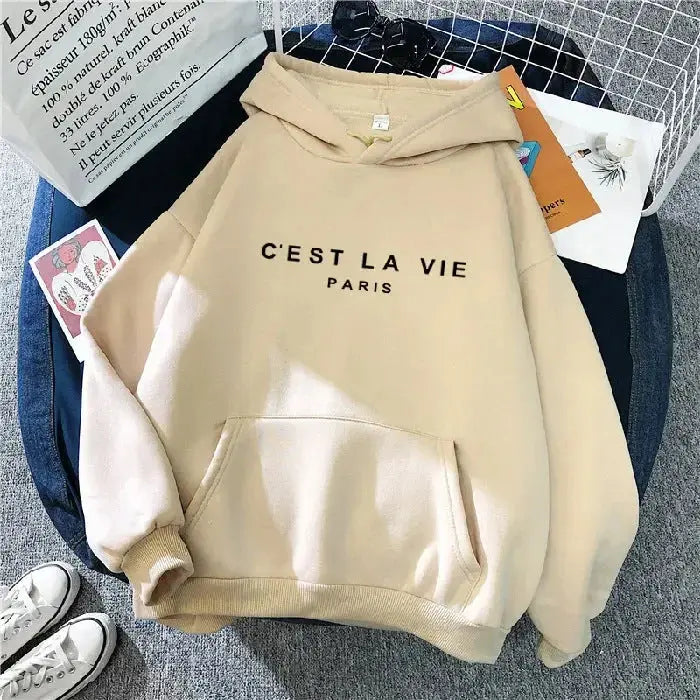 Women’s oversized graphic letter print hoodie by Plush Fashion Hub, cozy streetwear style with front print and relaxed fit.