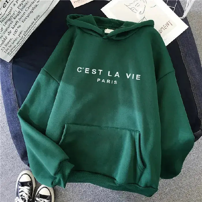 Women’s oversized graphic letter print hoodie by Plush Fashion Hub, cozy streetwear pullover with bold lettering design.