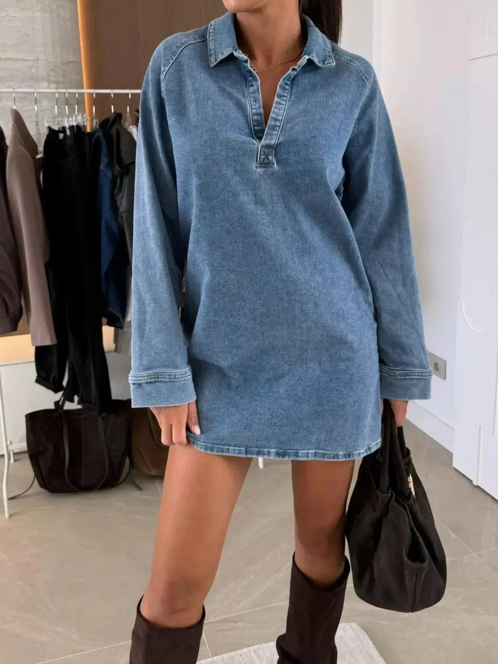 Women's long sleeve denim dress by Trendsi, casual button-down midi with collar, featuring a classic denim fabric and relaxed fit.