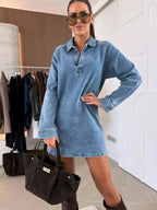 Women's long sleeve denim dress with collar, casual button-down midi style by Trendsi, showcasing the front view.
