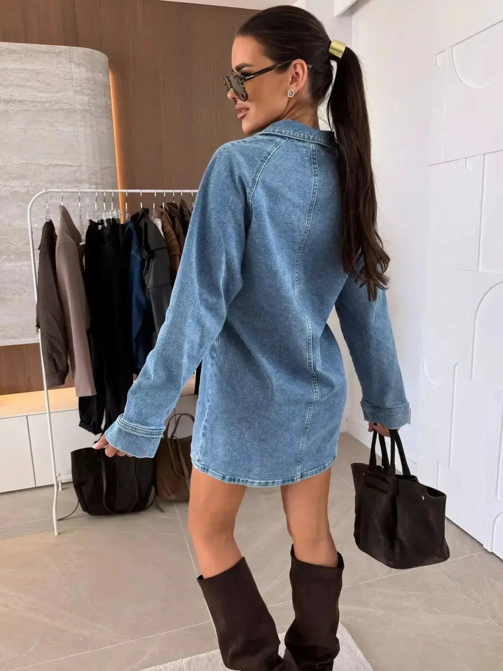 Women’s long sleeve collared denim dress by Trendsi, casual button-down midi style, shown in blue denim fabric.