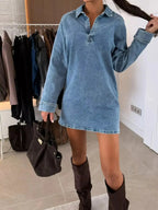 Women's long sleeve collared denim dress by Trendsi, casual button-down midi style with a classic denim fabric and collar.