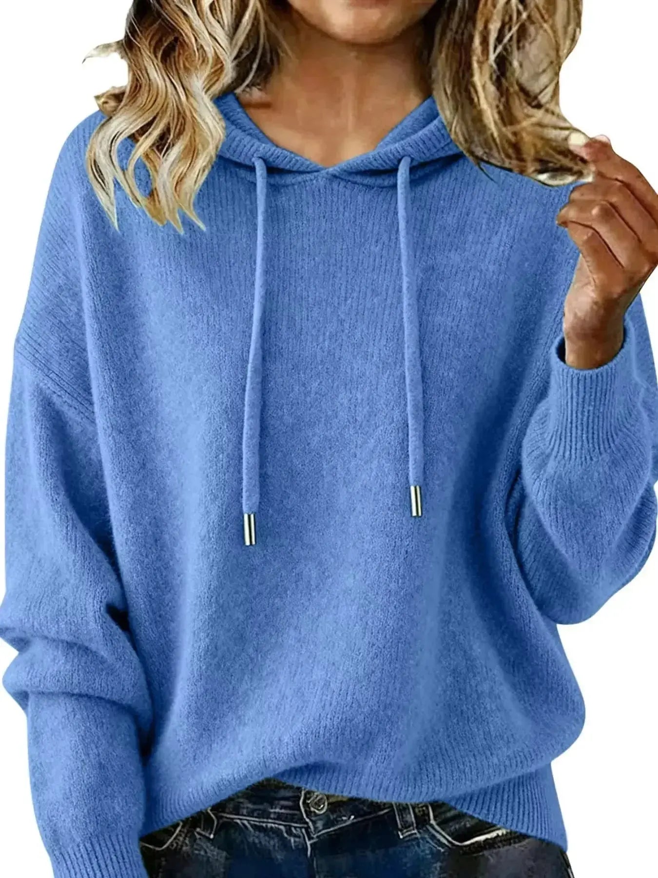 Women's long sleeve hooded sweater with drawstring, cozy casual pullover by Trendsi, featuring a relaxed fit and comfortable fabric.