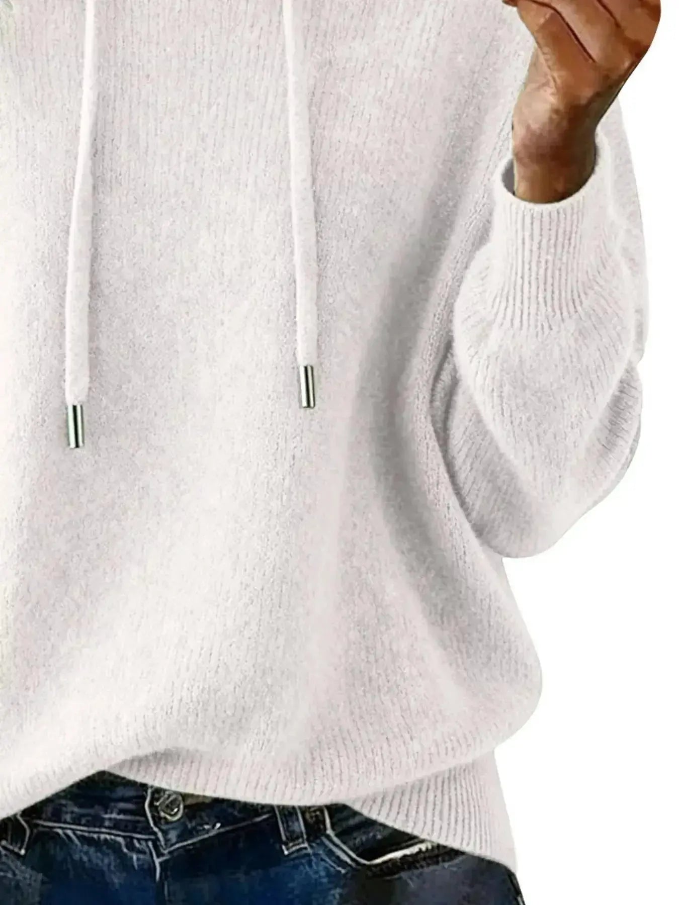Women’s long sleeve drawstring hooded sweater by Trendsi, cozy casual pullover with a relaxed fit and front drawstring detail.