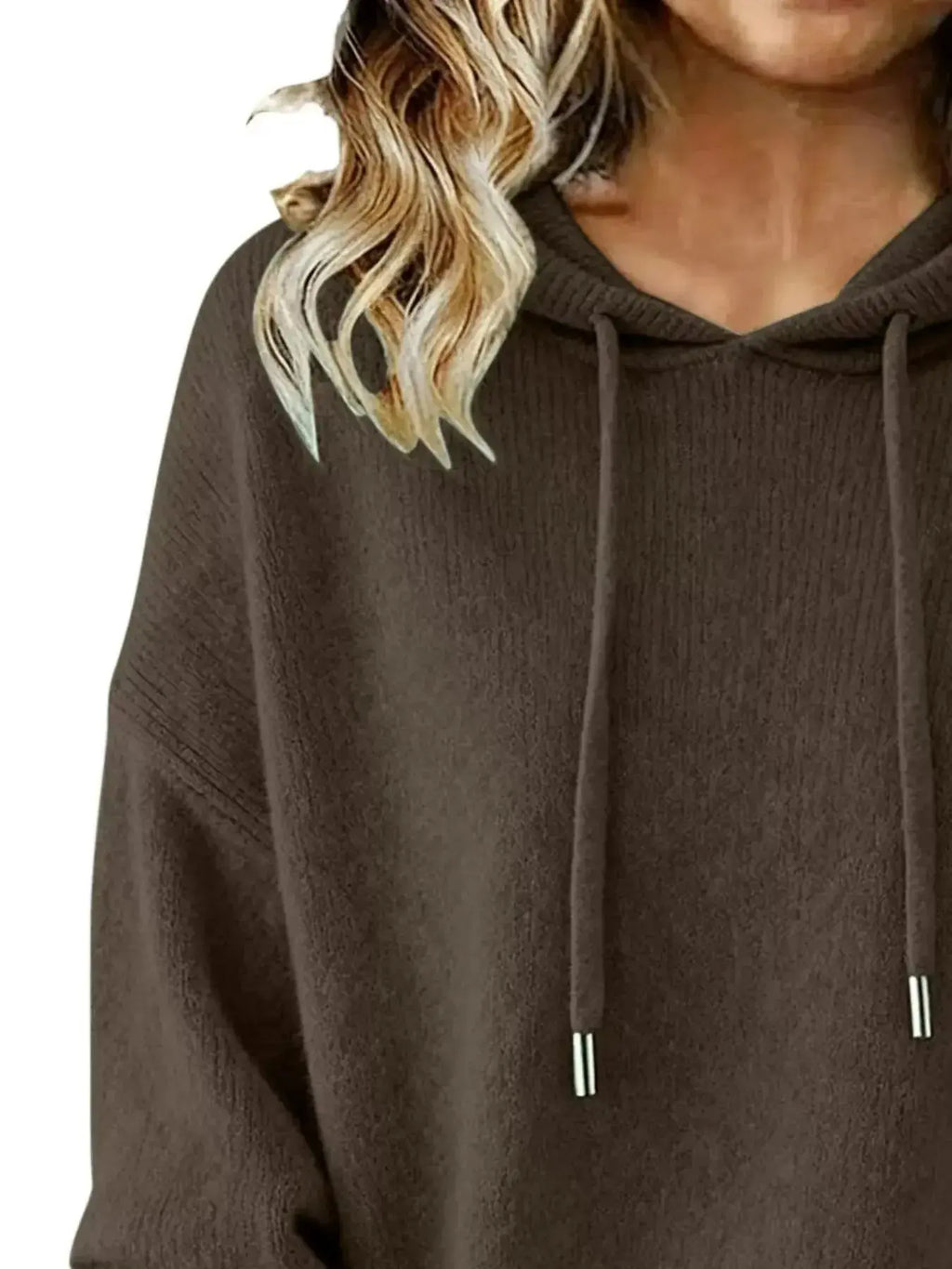 Women's long sleeve drawstring hooded sweater by Trendsi, cozy casual pullover with a relaxed fit and front pocket.