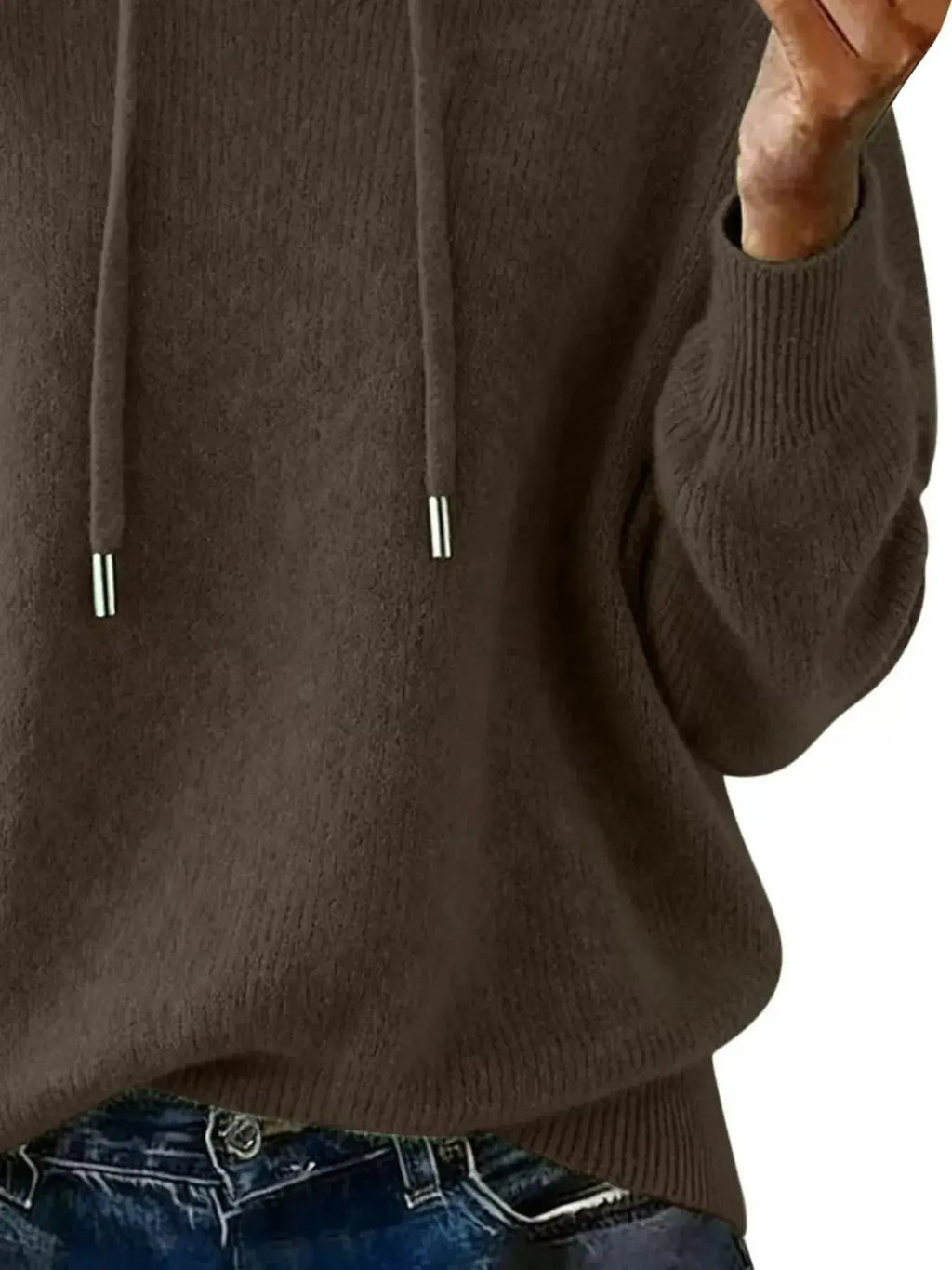 Women's long sleeve hooded sweater with drawstring, cozy casual pullover, trendy sweater by Trendsi, perfect for relaxed everyday wear.