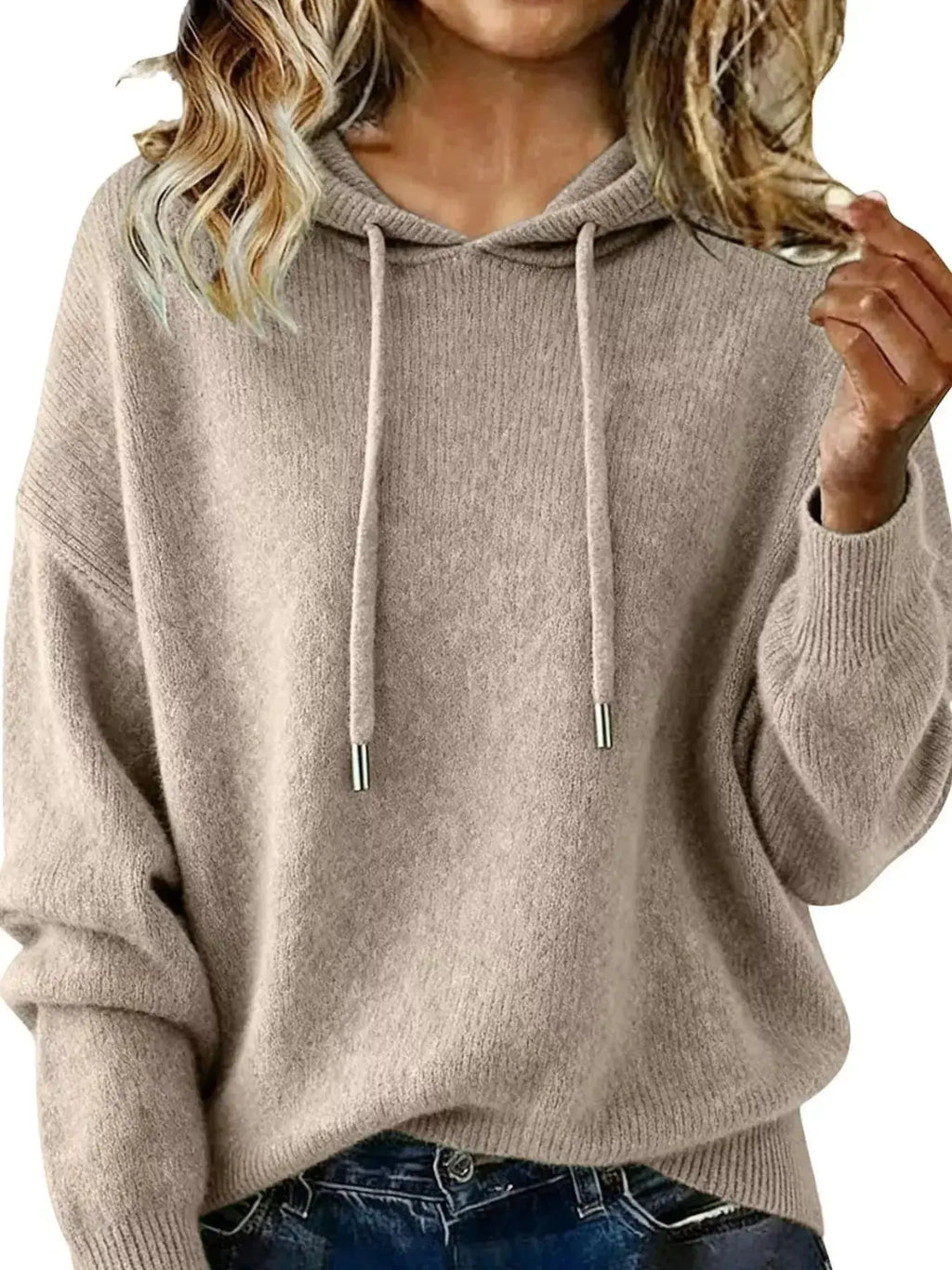 Women’s long sleeve drawstring hooded sweater by Trendsi, cozy casual pullover with a relaxed fit and front pocket.