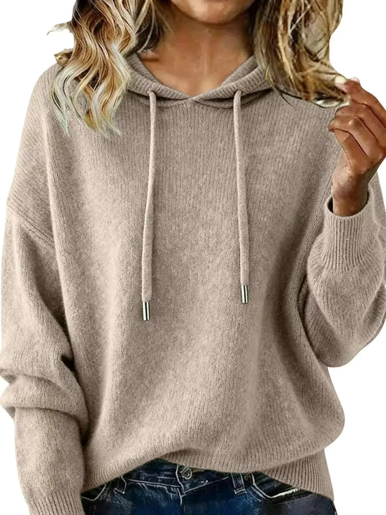 Women’s long sleeve drawstring hooded sweater by Trendsi, cozy casual pullover with a relaxed fit and front pocket.