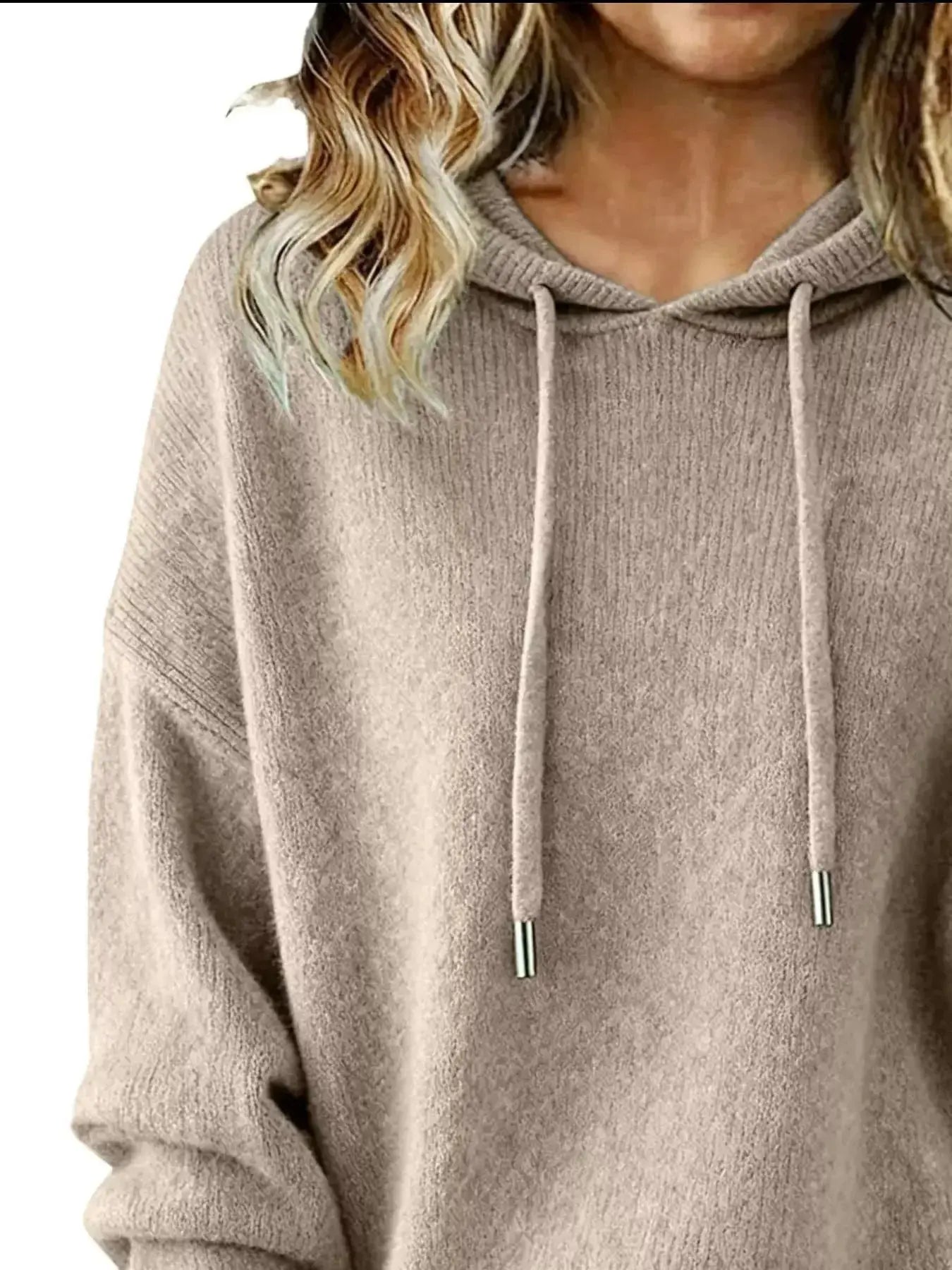 Women's long sleeve drawstring hooded sweater by Trendsi, featuring a cozy casual pullover design with a relaxed fit.