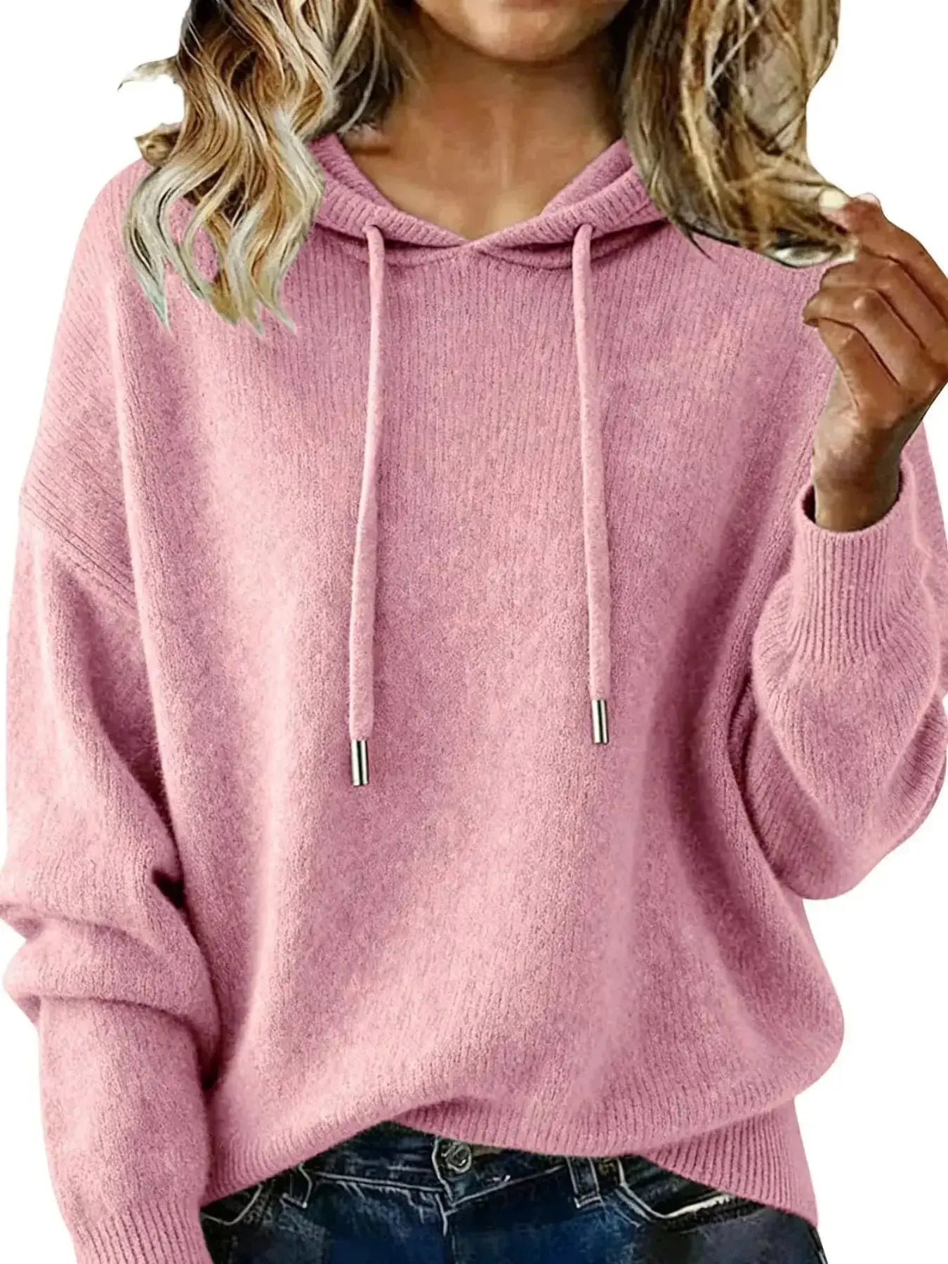 Women’s long sleeve drawstring hooded sweater from Trendsi, cozy casual pullover with a relaxed fit and front pocket.
