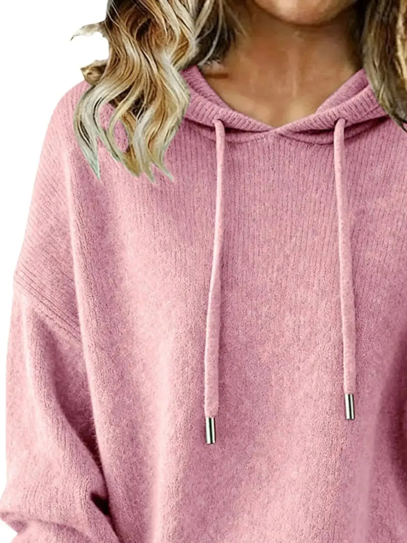 Women’s long sleeve drawstring hooded sweater by Trendsi, cozy casual pullover with a relaxed fit and front pocket detail.