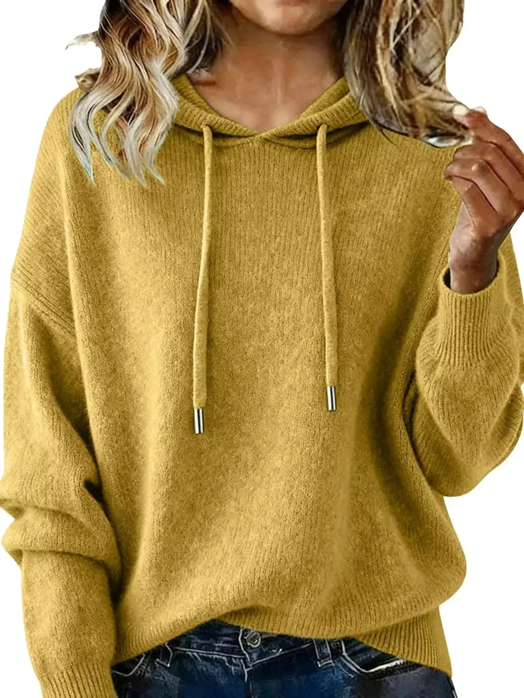 Women's long sleeve drawstring hooded sweater by Trendsi, cozy casual pullover with a comfortable, relaxed fit.