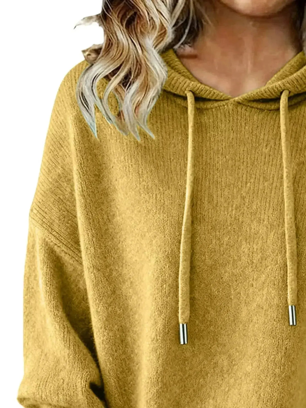 Women’s long sleeve drawstring hooded sweater by Trendsi, cozy casual pullover with a relaxed fit and hood.