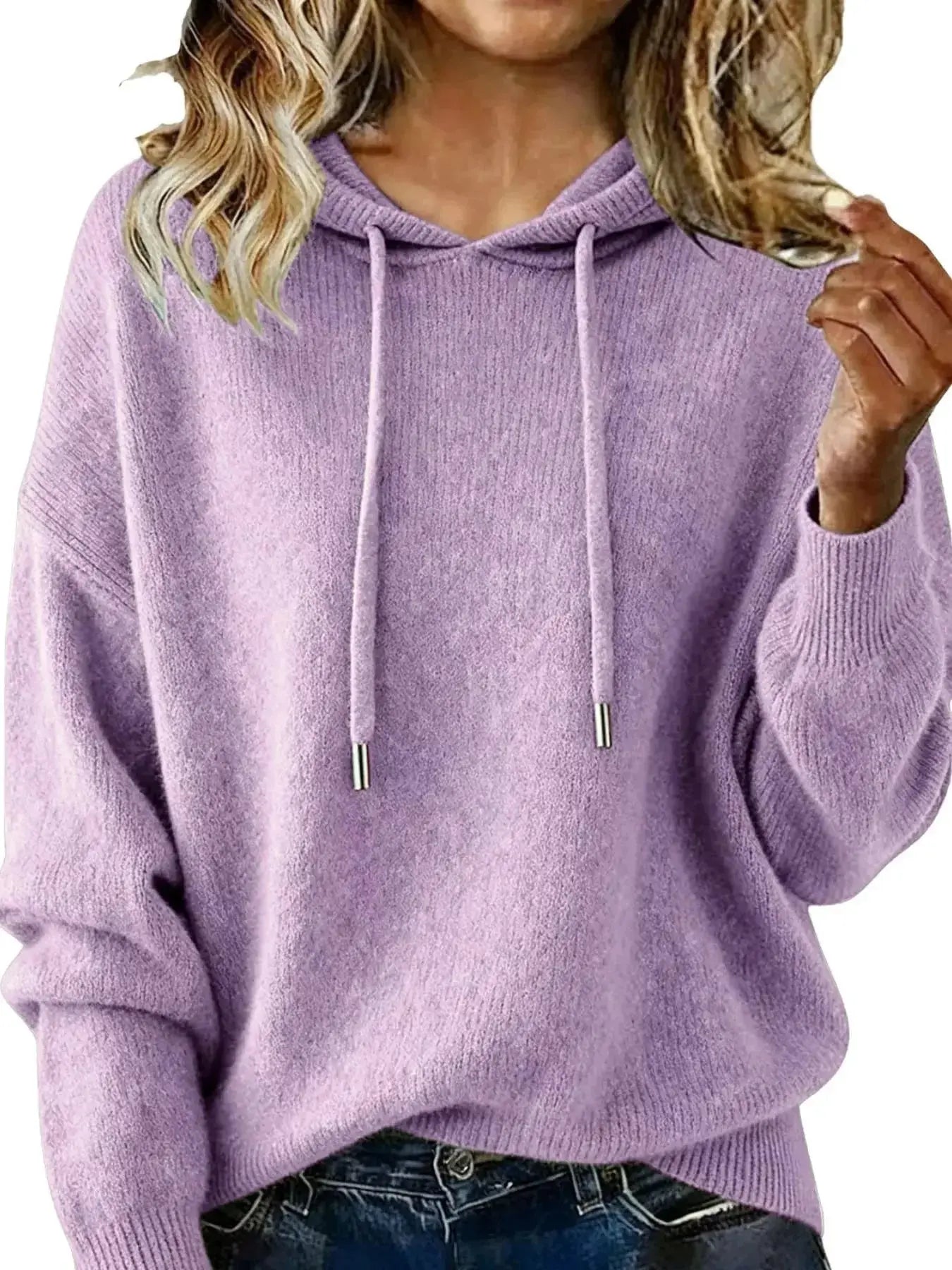 Women’s long sleeve drawstring hooded sweater by Trendsi, cozy casual pullover with a relaxed fit and comfortable hood.