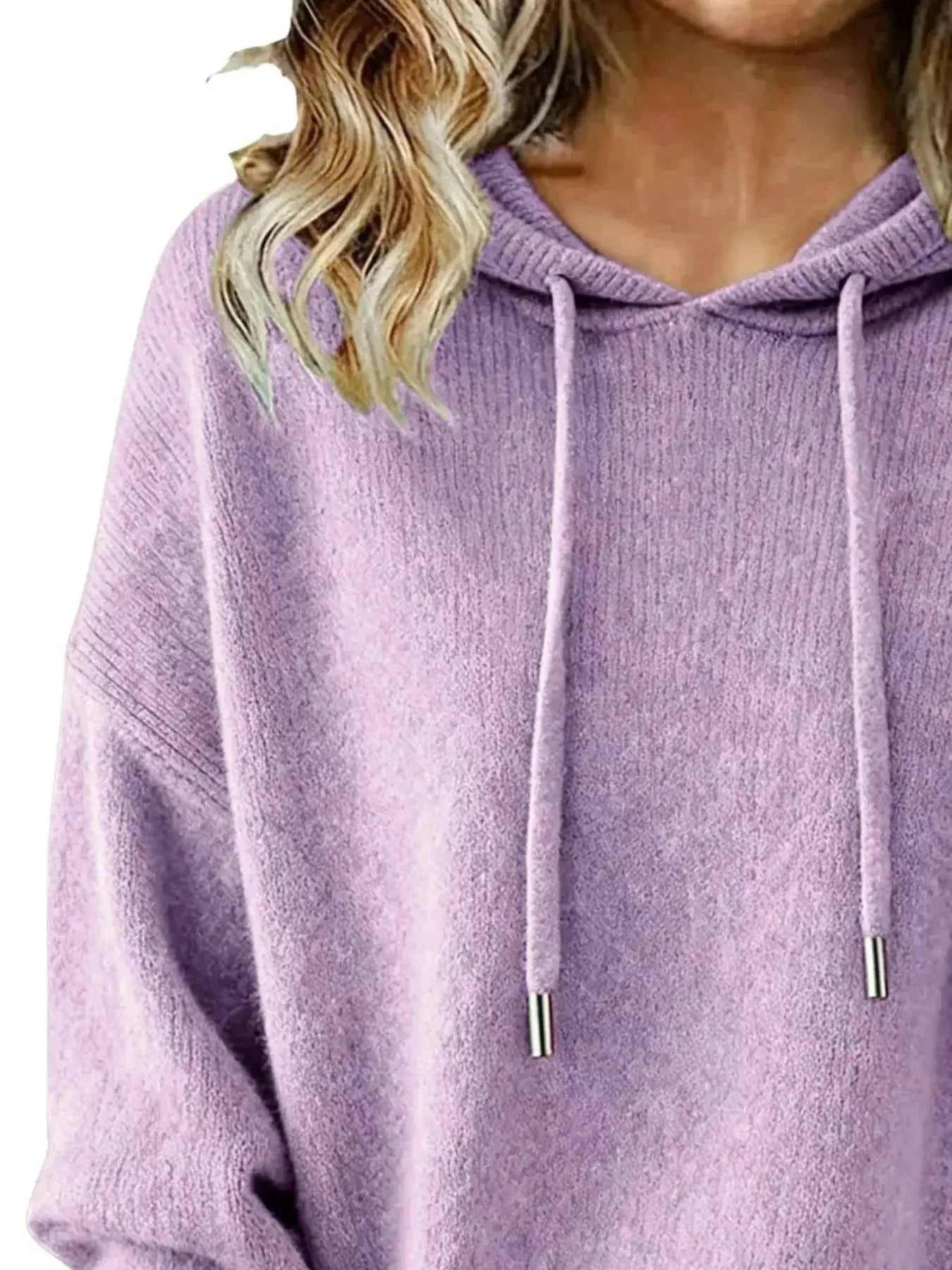 Women's long sleeve hooded sweater by Trendsi featuring a drawstring hood, cozy casual pullover in soft knit fabric.