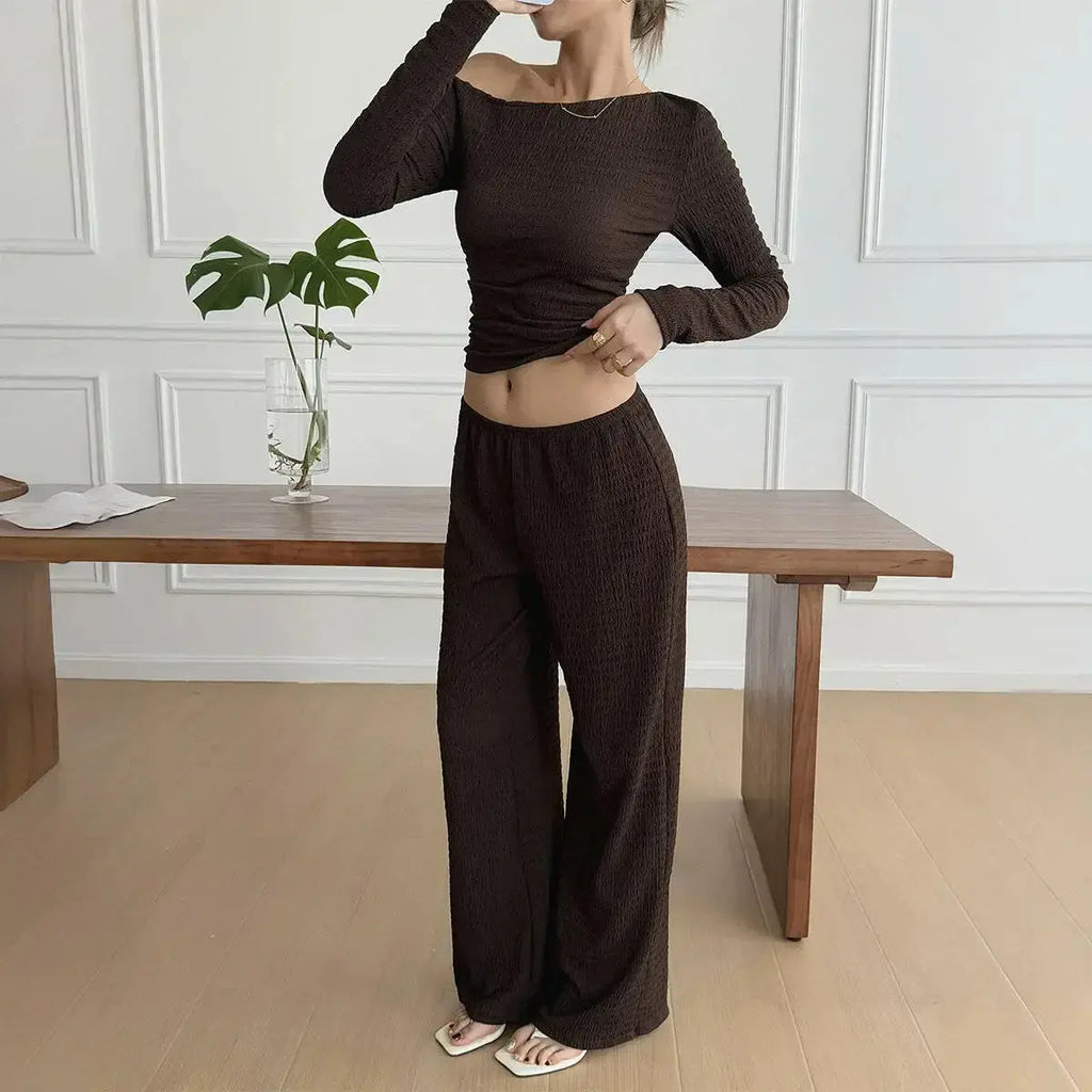 Women’s long sleeve knit two-piece lounge set by Plush Fashion Hub, featuring comfortable pants and a cozy top.