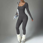 Women wearing Plush Fashion Hub long sleeve compression yoga suit, quick-dry fitness set, perfect for yoga and active workouts.