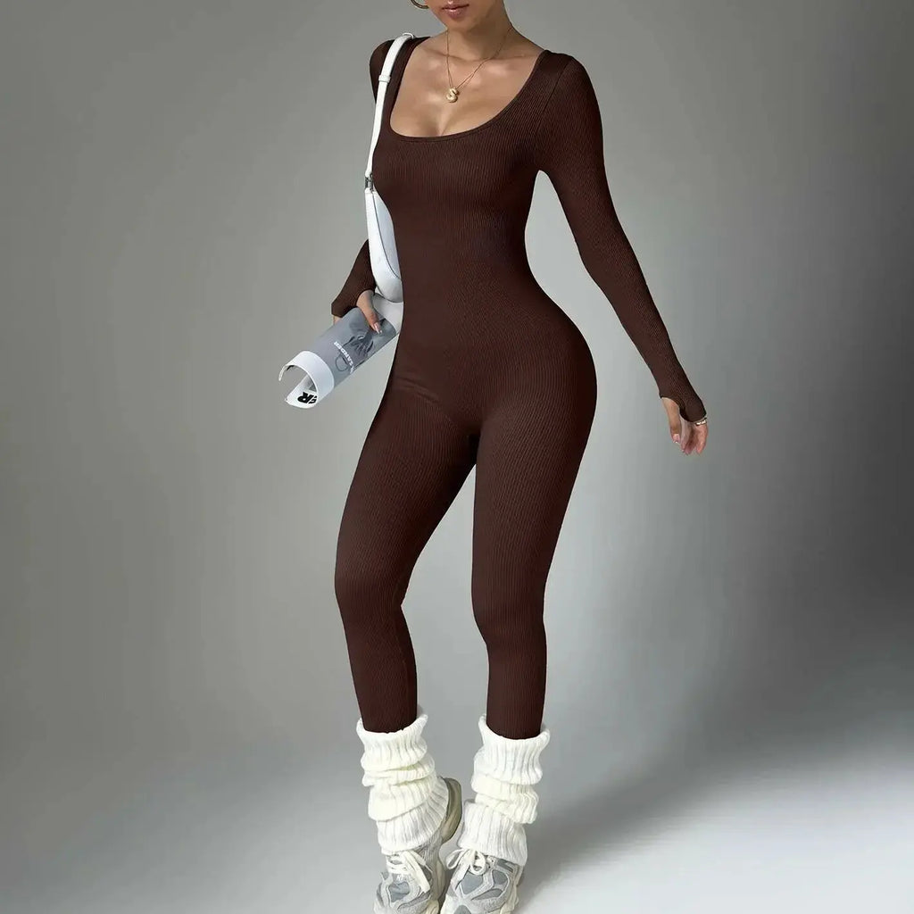 Women wearing Plush Fashion Hub's long sleeve compression yoga suit, quick-dry fitness set, ideal for yoga and workout sessions.
