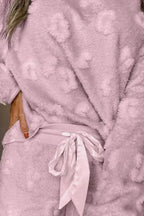 Women's long sleeve pajama top and drawstring shorts loungewear set by Trendsi, comfortable sleepwear with soft fabric and relaxed fit.