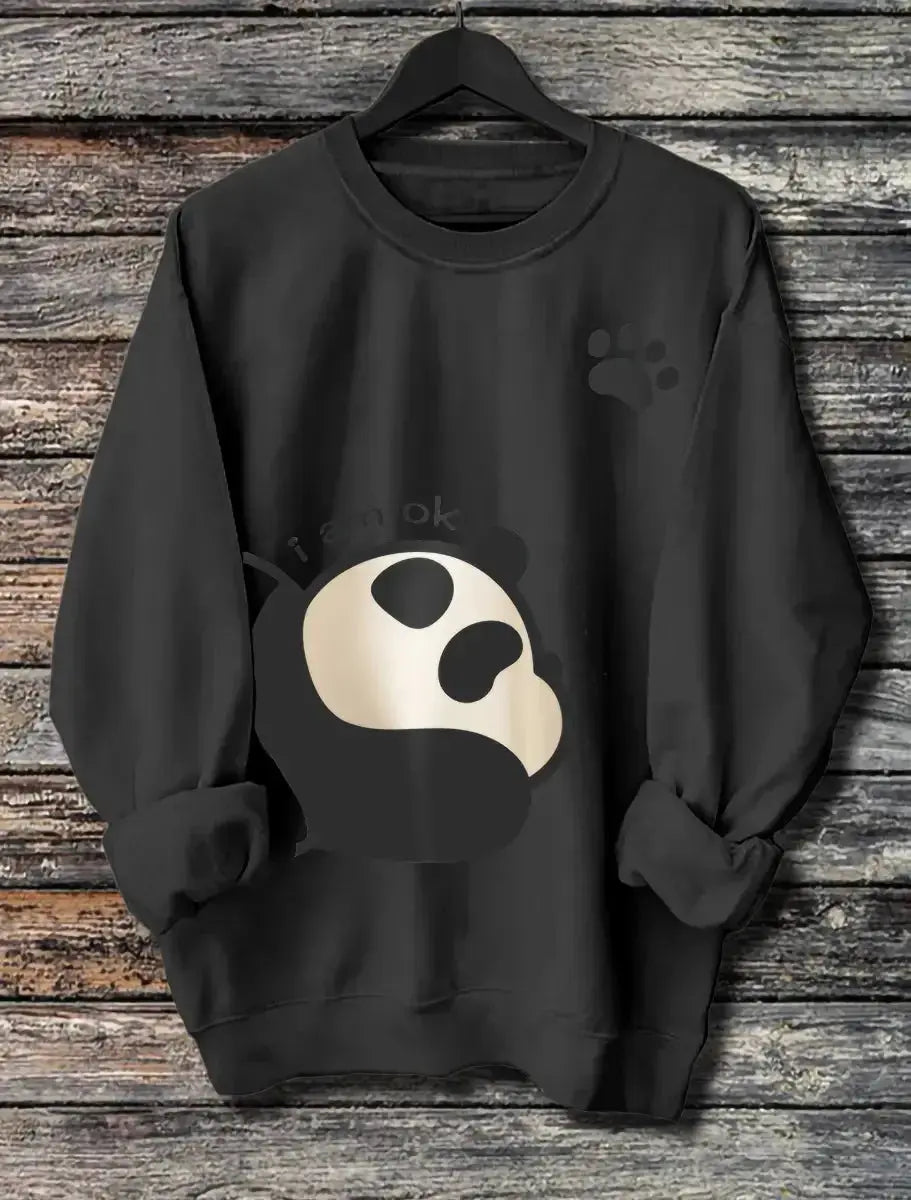 Women's long-sleeve hoodie with panda print, soft cotton blend pullover from Plush Fashion Hub featuring a cozy, casual design.