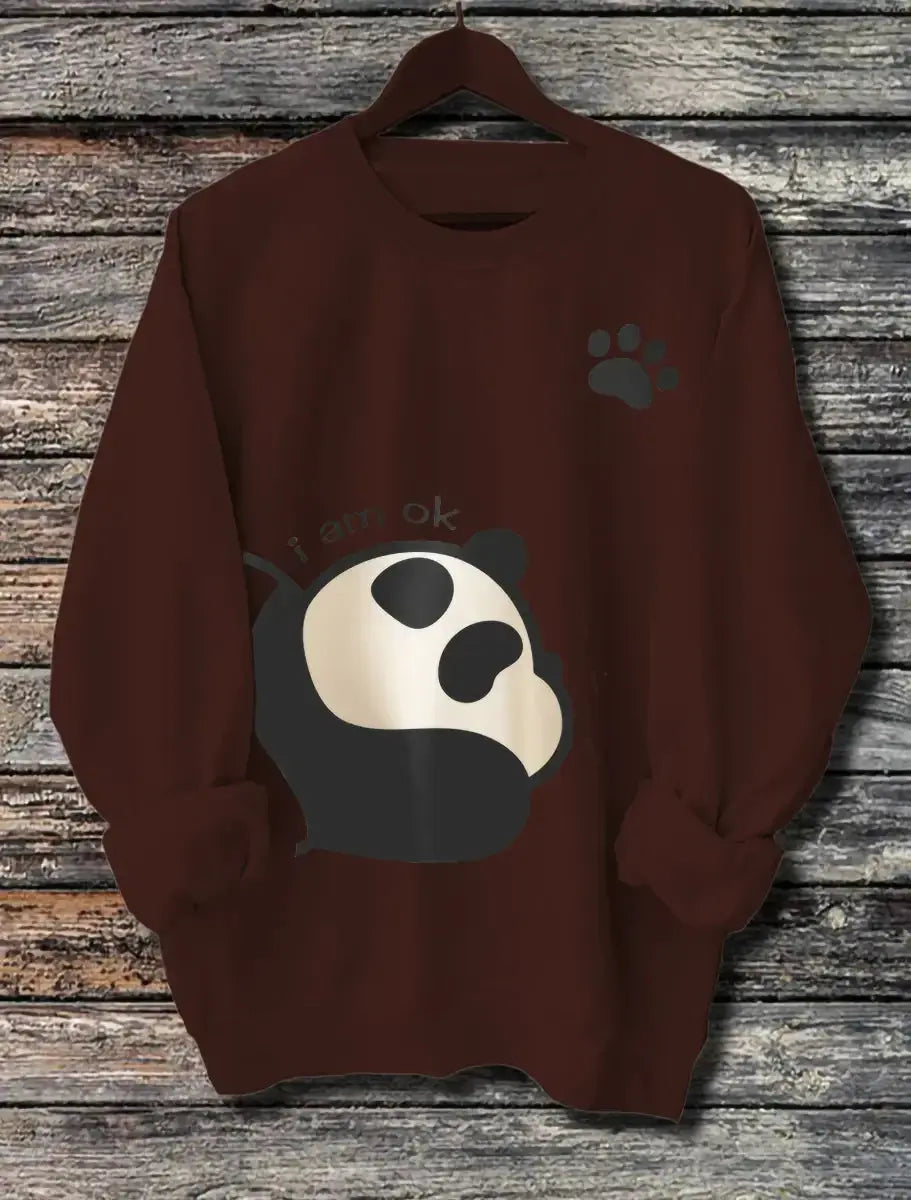 Women’s long-sleeve panda print hoodie in soft cotton blend by Plush Fashion Hub, featuring a cozy pullover design.