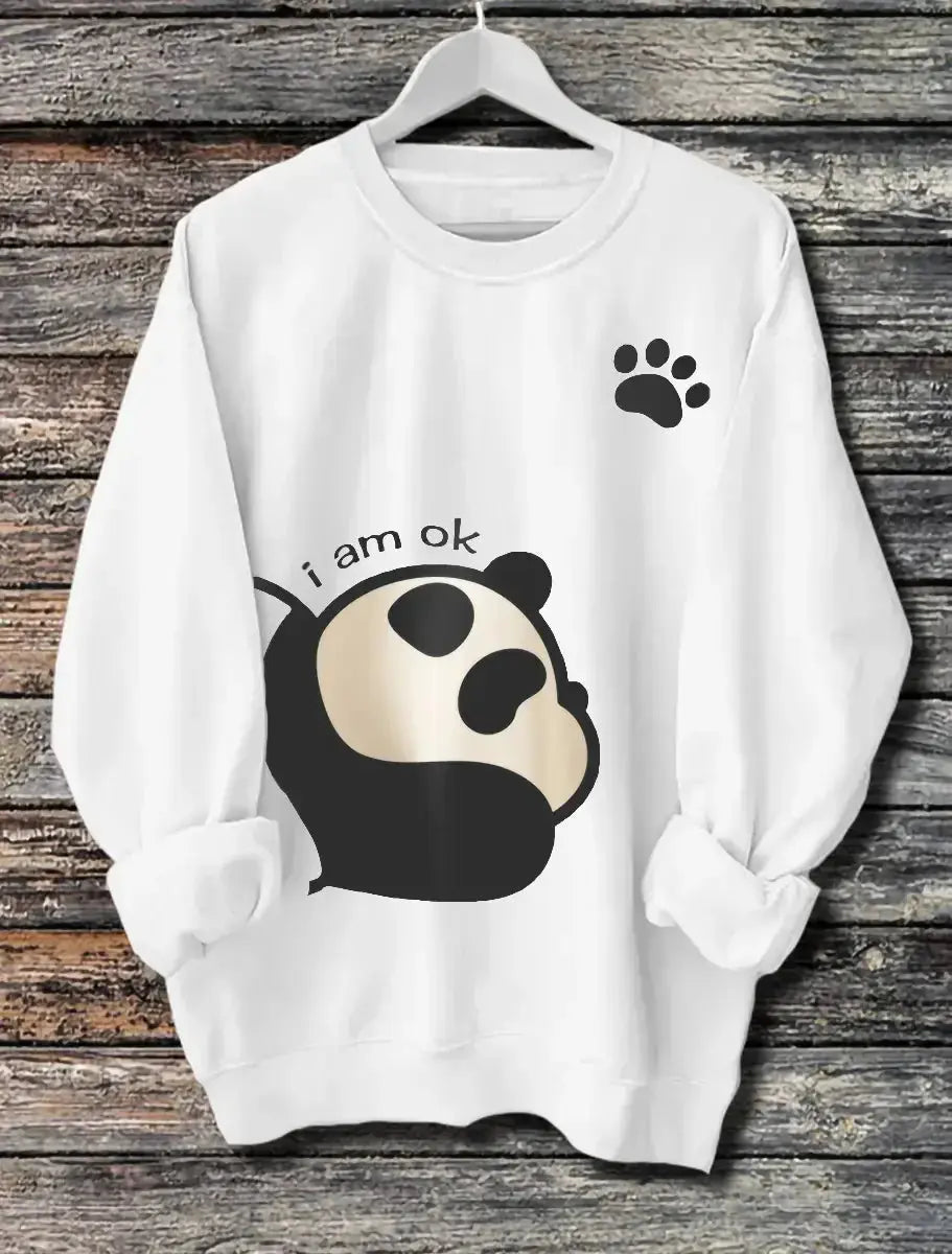 Women's long-sleeve hoodie with panda print, soft cotton blend pullover by Plush Fashion Hub, featuring a cozy, casual design.