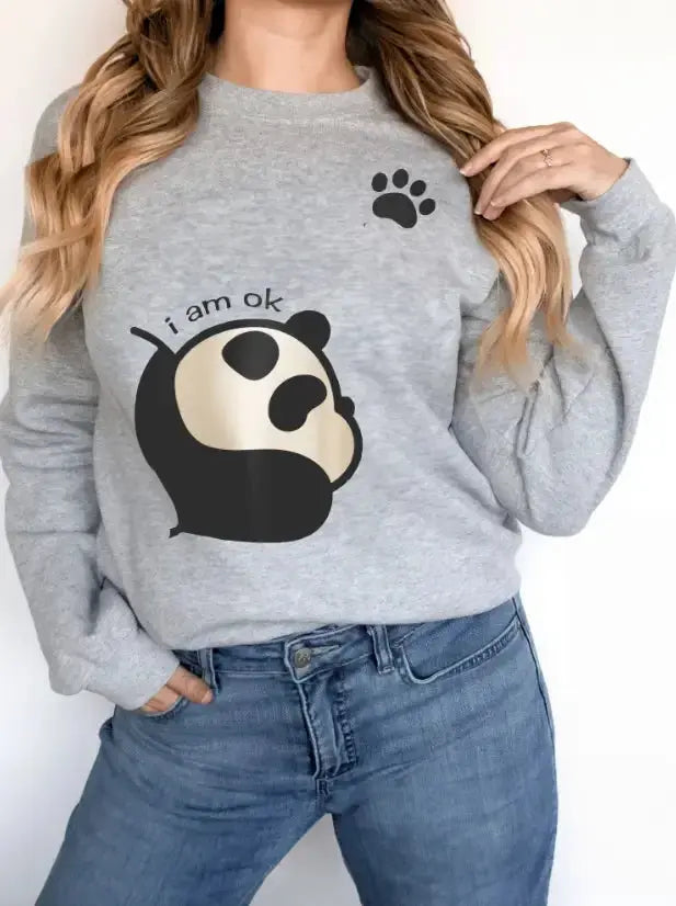 Women's long-sleeve hoodie with panda print, soft cotton blend, pullover style from Plush Fashion Hub.