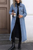 Women’s longline denim jacket by Trendsi featuring oversized fit, button-down front, and utility style in classic cotton denim fabric.