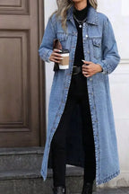 Women’s longline button-front denim jacket by Plush Fashion Hub, featuring structured cotton blend outerwear and classic denim style.