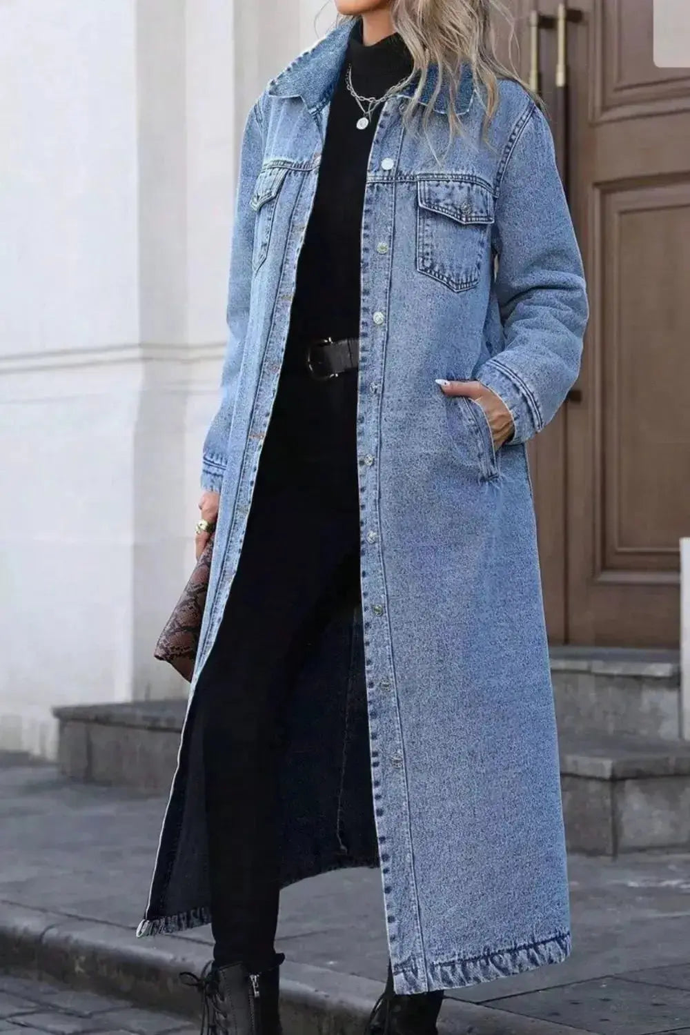 Women’s longline denim jacket by Plush Fashion Hub featuring button front and structured cotton blend outerwear.