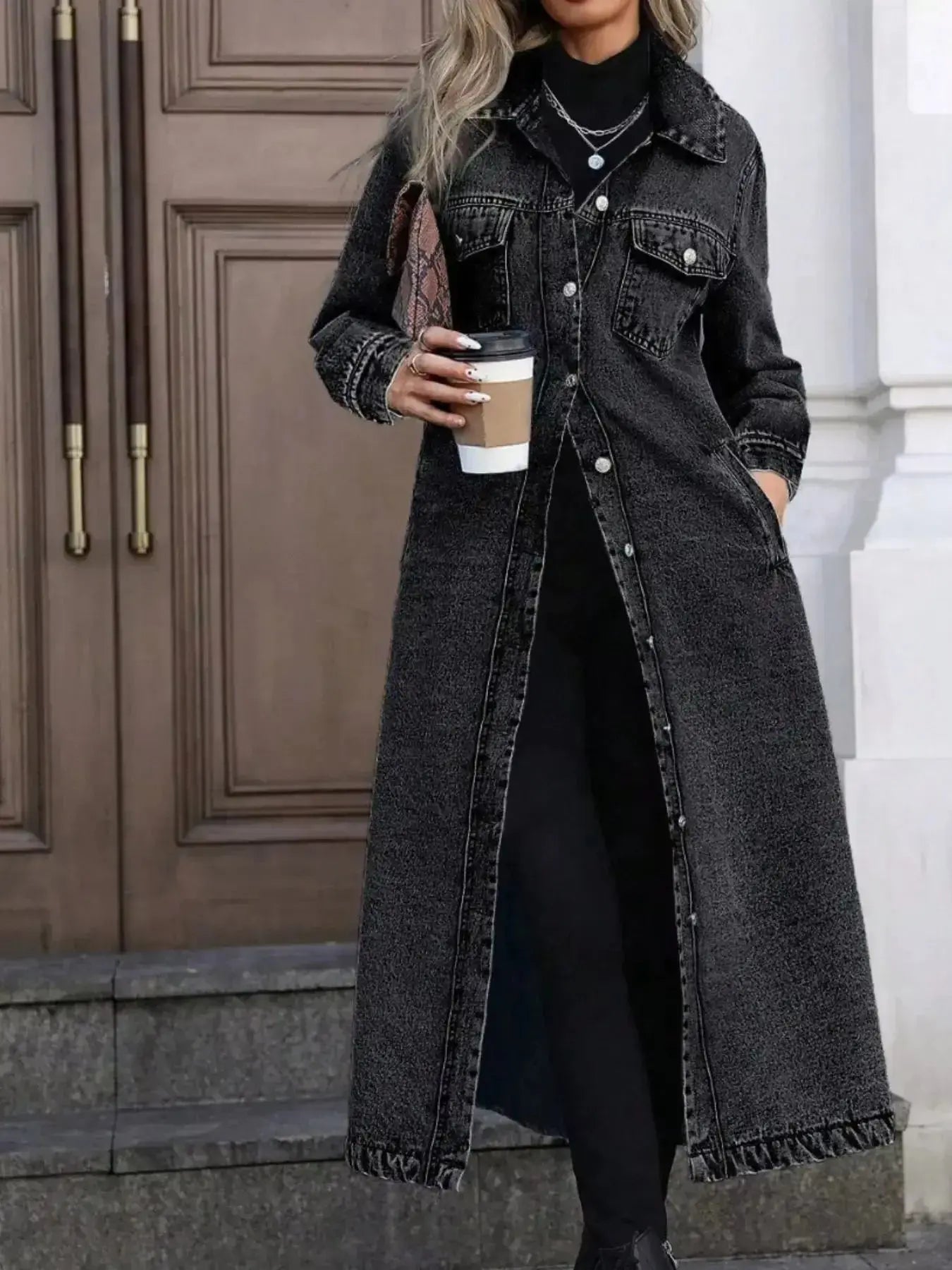 Women’s longline button-front denim jacket by Plush Fashion Hub, structured cotton blend outerwear with classic denim styling.