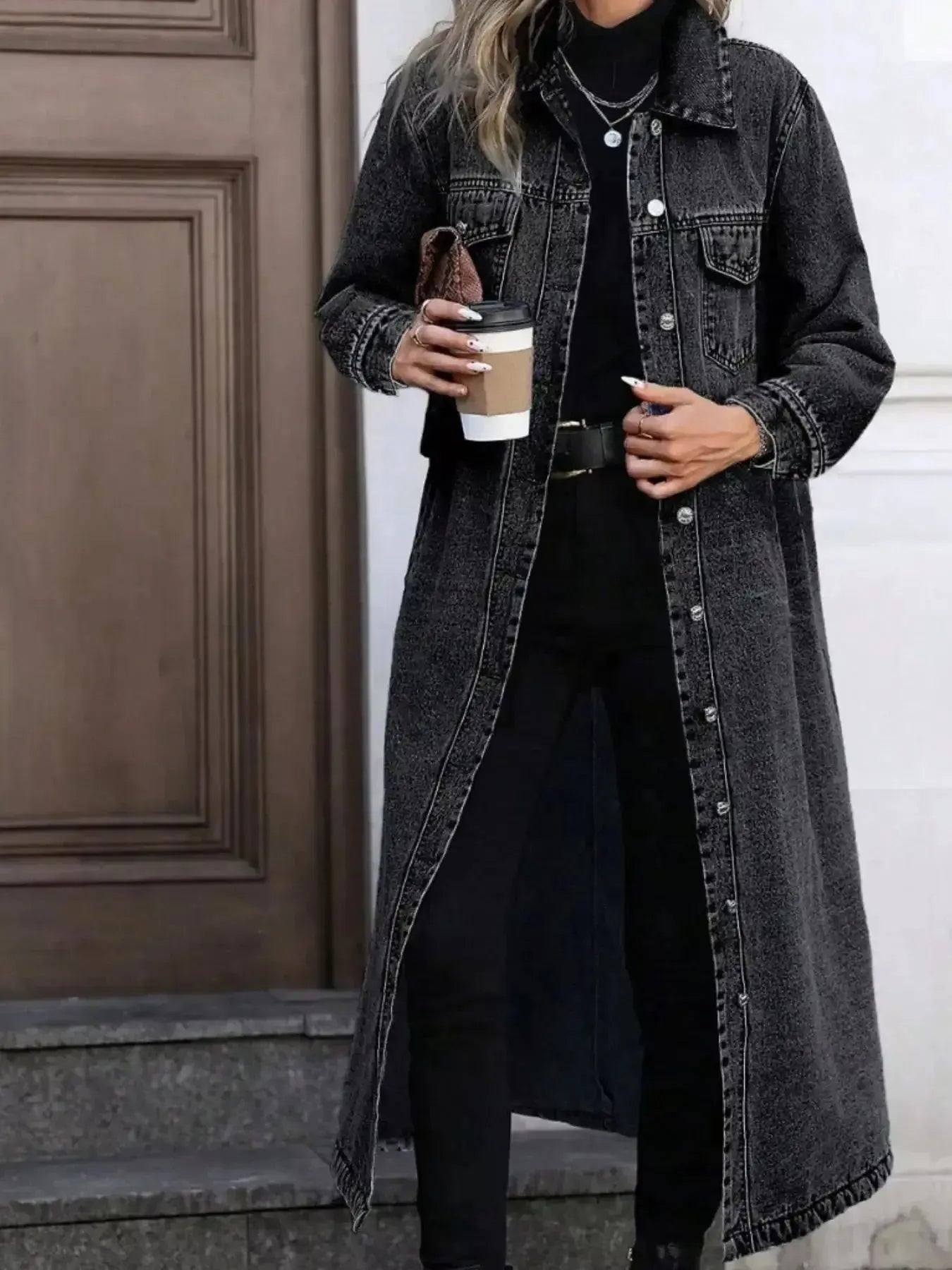 Women’s longline denim jacket by Plush Fashion Hub with button front and structured cotton blend outerwear, casual and stylish.