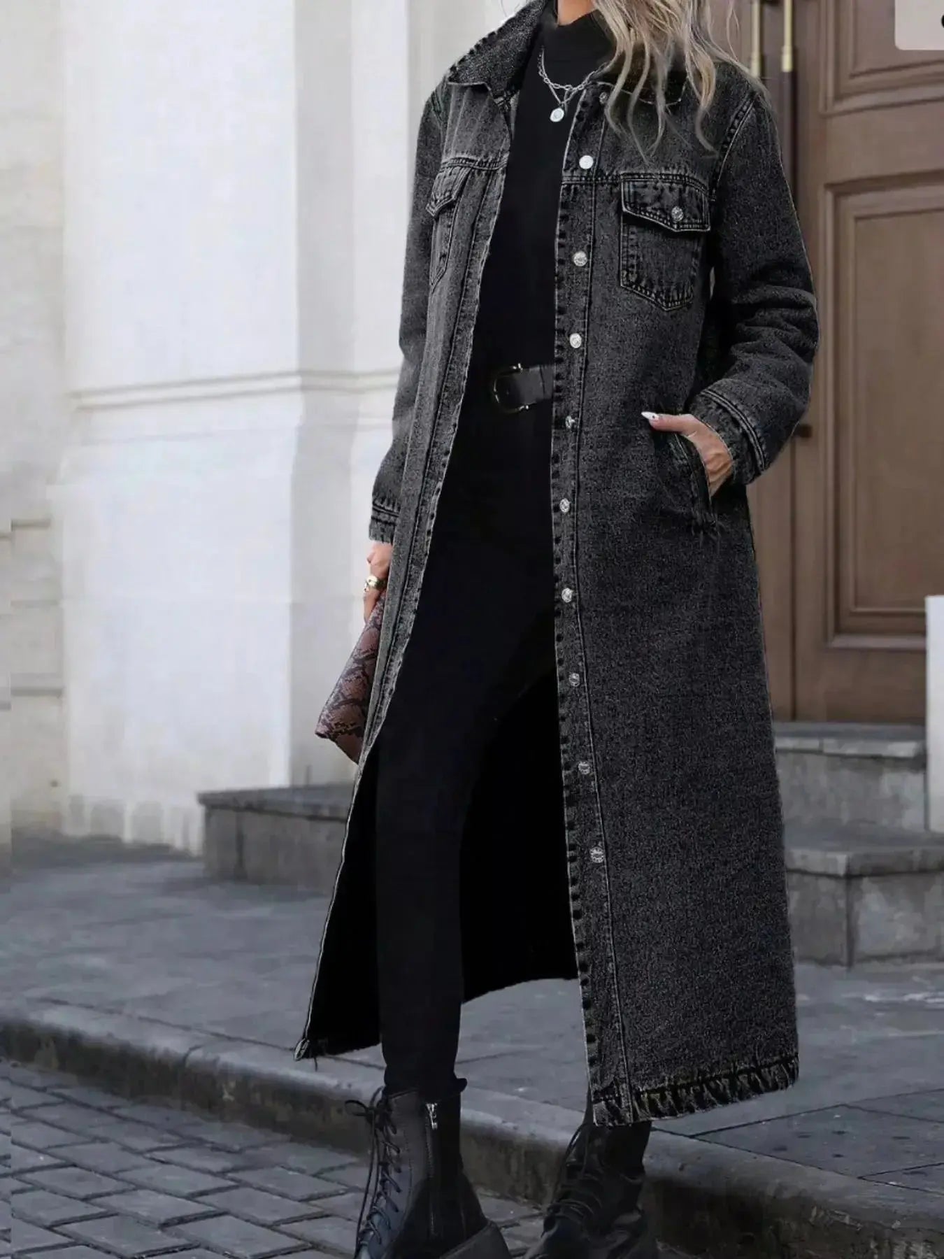 Women’s longline denim jacket by Plush Fashion Hub featuring button-front closure and structured cotton blend outerwear.