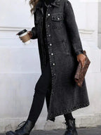 Women’s longline denim jacket by Plush Fashion Hub featuring button-front design and structured cotton blend outerwear.