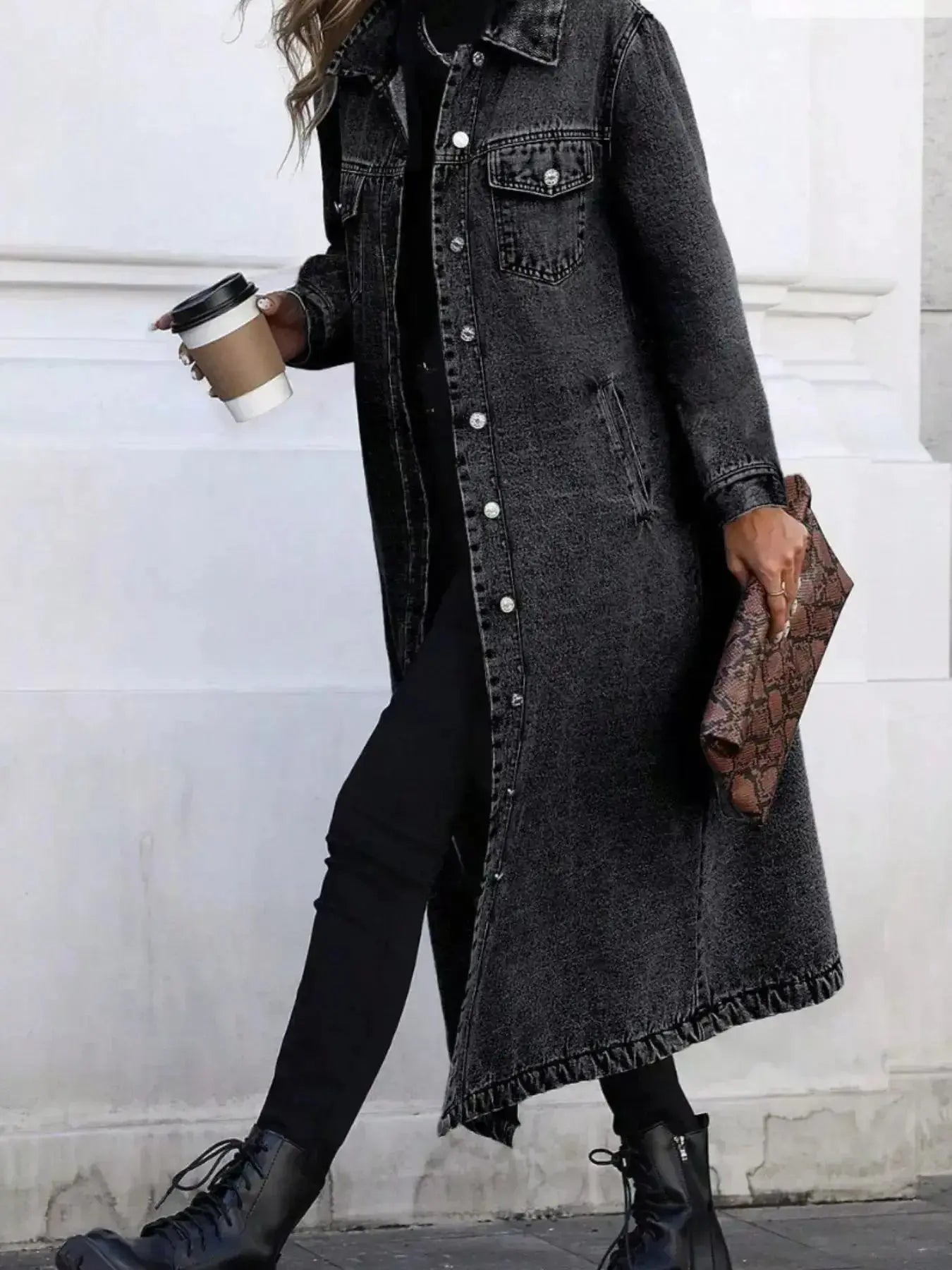 Women’s longline denim jacket by Plush Fashion Hub featuring button-front design and structured cotton blend outerwear.